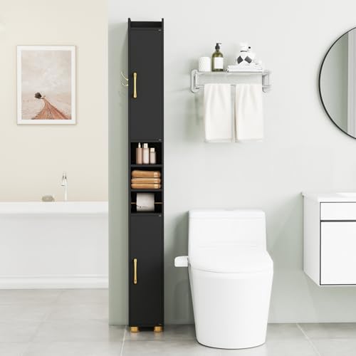 Image of Tangkula Narrow Bathroom Cabinet, 69.5 inch Tall Storage with 2 Doors & Adjustable Shelves, Toilet Paper Rod & Side Hook, Anti-toppling Design, Slim Floor Cabinet for Small Spaces (Black, 1 Pack)