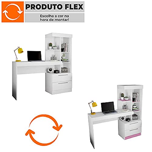 Escrivaninha Com Estante Notável Móveis NT 2010 Flex Branco New/Rosa