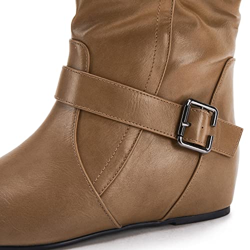 Syktkmx Womens Slouch Wide Mid Calf Boots Slip On Buckle Strap Flat Fall Winter Knee High Shoes #TOP6
