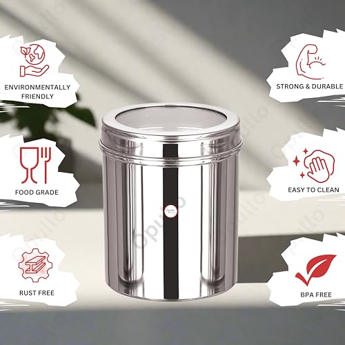 Image of Opullo Stainless Steel Top See Through Containers for Kitchen | Mirror Polished Stainless Steel Containers with Lid | Multipurpose Dabba Set for Kitchen | Pack of 6 | 750 GMS
