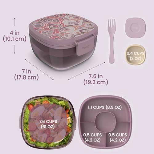 Image of Bentgo Glass Prints Salad Container - 7.6-Cup Tinted Glass Salad Bowl with Airtight Lid, Leak-Proof Sauce Container, 4-Compartment Bento Meal Prep Tray & Reusable Fork (Floral Maximalist - Bouquet)