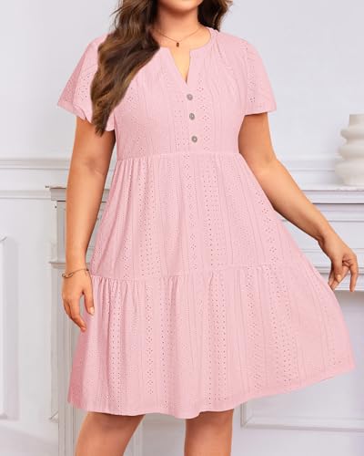 Image of Plus Size Summer Dress - Casual Sundress Beach Short Sleeve V Neck Tiered Button Up Boho Midi Flowy Sun Dresses Women