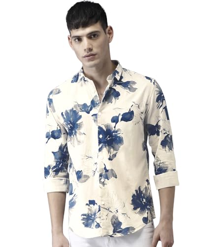 Image of EYEBOGLER Men Collar Neck Floral Print Full Sleeve Regular Fit Shirt