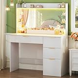 HUAHUU Vanity Desk with Mirror and Lights, Makeup Vanity with Lights, 3 Color Lighting Modes, Vanity Desk with Large Mirror & 4 Storage Drawers & Acrylic Shelves for Bedroom, White
