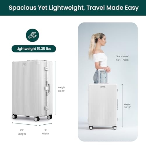 Nobl Travel Zipperless Check In Suitcase - Aluminum Frame, Check In luggage 30.2x20x12 Airline Approved by Noble Travel - Unbreakable Polycarbonate Shell - Dual TSA Locks, 360° Spinner Wheels - White3