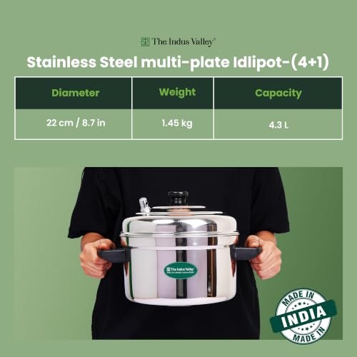 Image of The Indus Valley Stainless Steel Idli Maker | Includes 4 Idli Plates + 1 Mini Idli Plate | Makes 34 Idli | Perfect for Idli, Momos & Idiyappam | Induction and Gas Compatible