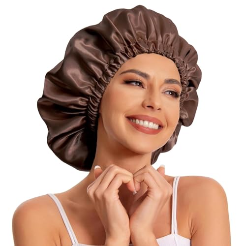 Image of Brown Satin Hair Bonnet for Women & Girls - Silk Sleep Cap for Curly Hair with 3 Free Scrunchies | Night Hair Protection Cap | Soft Elastic Sleepwear Beanie