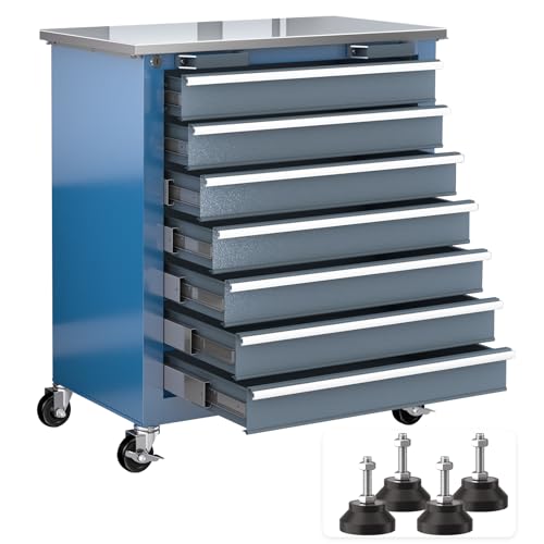 LARBANKE 7-Schubladen-Werkzeugkasten mit 360°-Rädern und gepolsterten Füßen,Werkstattwagen mit Edelstahl-Arbeitsplatte,Werkzeugschrank mit sicherem Verriegelungssystem,für Haus,Garage und Büro