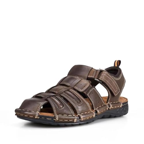 FIEEIF Men's Sport Sandals Closed Toe Leather Fisherman Outdoor Arch Support Sandalias Non-Slip Sport Athletic Walking Traveling Shoes