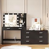 Rovaurx 65' Vanity Desk with Lighted Mirror and Lights, 8 Drawers Makeup Vanity Table with Storage Shelf, Modern Vanity with Mirror, Dressing Table for Bedroom, Adjustable Width, Black RSZT109B