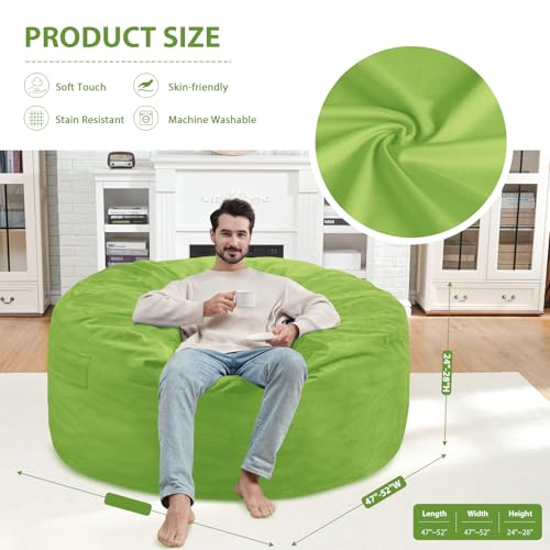 5FT Bean Bag Chair, Large Bean Bag Chairs with Memory Foam Filled, Fluffy Beanbag Sofa with Dutch Velvet Cover, Round BeanBag Chairs for Living Room, Playroom - Lime