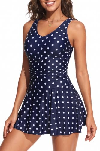 Image of Yonique One Piece Swimsuits for Women Modest Tummy Control Swimdress Vintage Bathing Suits Skirt Swimwear