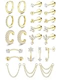 Chriscoco 21Pcs Pendientes Acero Inoxidable Mujer Piercing Oreja Oro 14K Chapado Hipoalergénicos Pendientes Aro Plata Pequeños Cadena CZ Piercing Tragus Helix Cartílago
