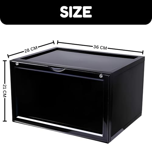 Image of NYALKARAN Shoe Storage Organizer Box for Sneakers - Transparent, Heavy Duty, Stackable with Magnetic Door - Large Plastic Shoe Box for Men & Women (Black, Pack of 1)