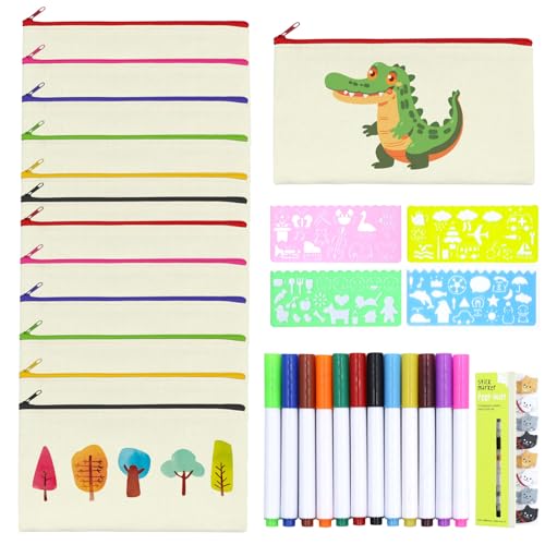 FINEASY 12 Piezas Bolsas de Tela para Pintar y Lápices de Tela, Bolsa Cremallera con 12 Colores y 4 Plantillas