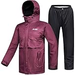 ILM Motorcycle Rain Suit Waterproof Women 2 Set Jacket and Trousers Motorbike Fishing Rain Gear Resistant Protective 6 Pockets RS02,Wine Red-women,M