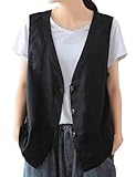 IDEALSANXUN Cotton Linen Vests for Women Fashion Dressy Casual Sleeveless Blazers Lightweight Jacket Waistcoat Vest(Black, XL)