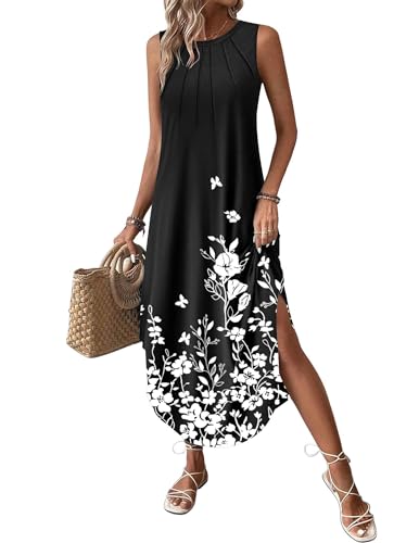 Image of Zeagoo Women Floral Summer Casual Beach Printed Tank Dress with Pockets Pleated Front Long Dress