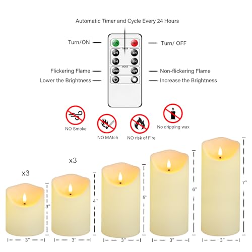 Image of Eebuss Flameless Candles with Remote Timer, Battery Operated Realistic Flickering LED Candles, 9 Packs Fake Candles for Home Decor (D3 x H 3 inch 4 inch 5 inch 6 inch 7 inch) (Ivory)