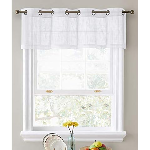 HLC.ME Abbey Faux Linen Textured Semi Sheer Privacy Light Filtering Transparent Thick Half Short Grommet Curtain Valance Topper for Small Windows, Kitchen & Bathroom (54 W x 18 L, White) Cover
