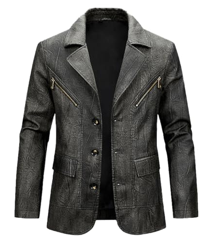 Image of INVACHI Mens Leather Jacket Notch Lapel Faux Leather Jacket Single Breasted Coat with Pockets