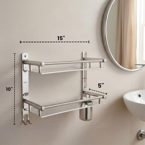 Image of GLOXY Premium 2 Tier Bathroom Stainless Steel Shelf with Toothbrush Holder, Soap Dish - Chrome Finish Wall Mounted 2 Layer Shelf with Multipurpose Hooks for Bathroom - Home Decor Bathroom Accessories