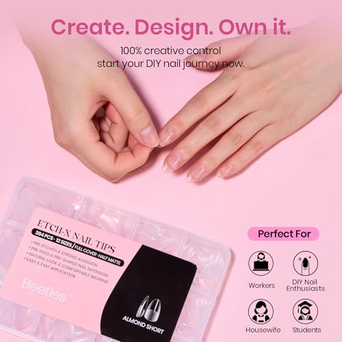 Image of Beetles Gel Nail Tips Etch-X- Almond Short, 384pcs 12 Sizes Pre-Etched | Half Matte Full Cover Soft Gel Nail Tips, Press on False Nail Extension Acrylic Fake Nails, Easy DIY Salon Art