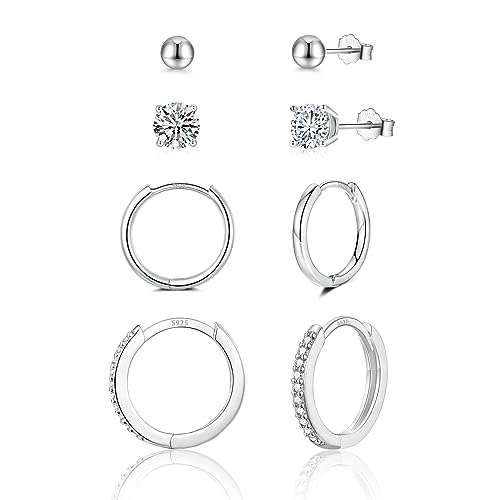 FAOMZQ Pendientes de aro de plata 925, juego de 4 pares de pendientes (3/4/10/12 mm), circonitas AAA+ hipoalergénicas, para mujeres, niñas, niños, oro/plata, Circonita cúbica