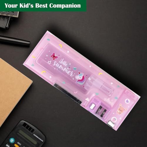 Image of WireScorts Magnetic Pencil Case with Sharpener Hello Summer Luxury Pencil Box for Kids Stationary Organizer Pencil Box for Girls, Kids, (Pink - Plastic)