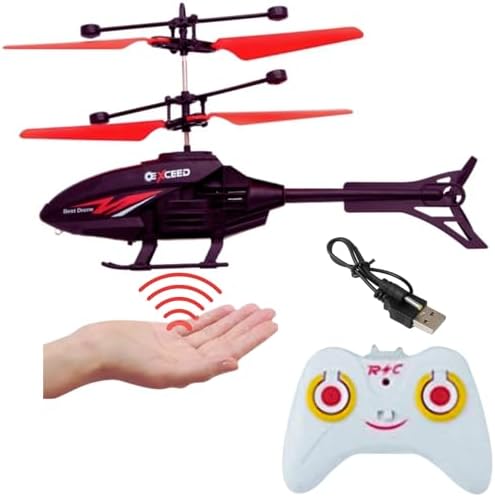 KIDZYMON Flying Helicopter with Radio Remote Control and Hand Sensor Charging Helicopter 2 in 1 Toys with 3D Light Toys I Remote Control Helicopter - Pack of 1 (Black Red Colour)