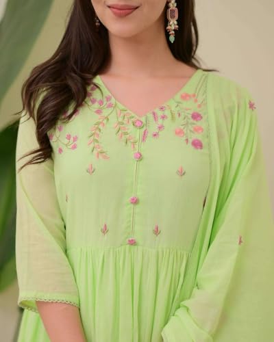 Image of ARK HUB Women's Cotton Embroidered Anarkali Kurti with Pant and Dupatta Set