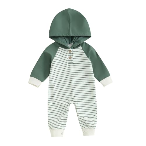 Karesoull Newborn Baby Infant Boy Romper Boho Long Sleeve Hooded Jumpsuit Outfits Striped Onesie Sweatshirts (Color-Blocked Green, 0-3 Months)