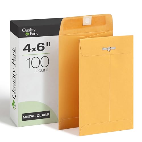 Quality Park 4 x 6 Clasp Envelopes, 100 Pack, Document Envelopes with Gummed Flap, Heavyweight 28 lb Paper with Reinforced Holes and Double Prong Clasp, Brown Kraft