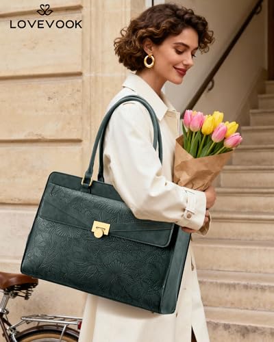 Image of LOVEVOOK Laptop Tote Bag for Women, PU Leather Work Bag, Teacher Tote | with Large Cup Holder, Waterproof Vintage Briefcase for Business Travel & Commute, Magnetic Snap, Padded Laptop Pocket