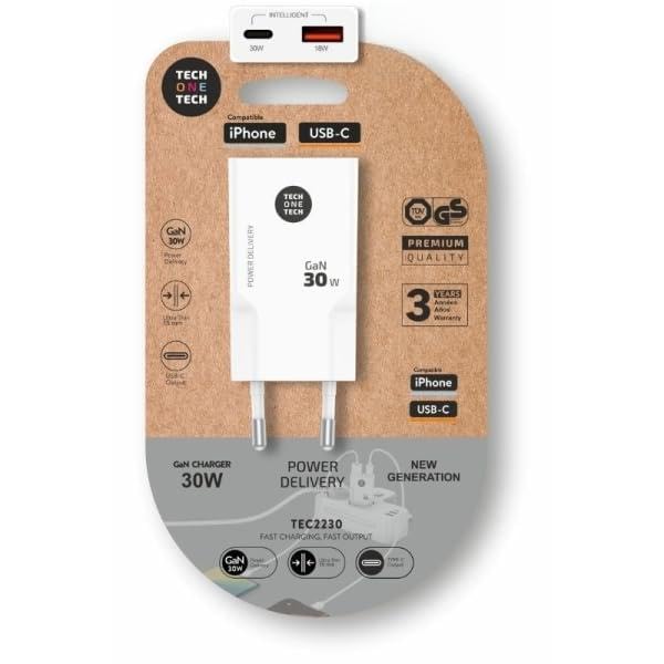 Cargador de Pared GAN Tech One Tech GAN TEC2230-1xUSB Tipo-C- 1xUSB- 30W- Blanco