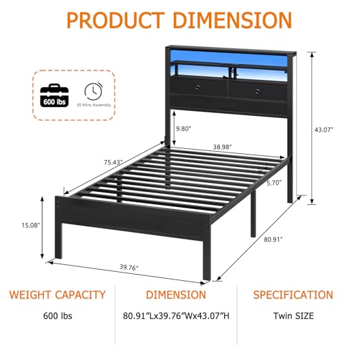 Image of Furnulem Twin Bed Frames with Charging Station and LED Lights, Wood Headboard with 2 Fabric Drawers and Storage Shelves, Twin Size Platform Bed with Metal Slats, No Box Spring Needed, Black Oak