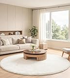 ROHATIM Teppich Rund 90 cm Creme, Flauschiger Kunstfell Teppich in Kaninchenfell-Optik, Ultraweich & rutschfest, Waschbares Deko-Fell für Wohnzimmer und Schlafzimmer