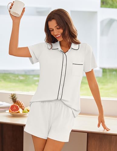 Image of Ekouaer Womens Pajama Sets Button Down Lounge Set 2 Piece Loungewear Soft Sleepwear Short Sleeve Pjs with Pockets