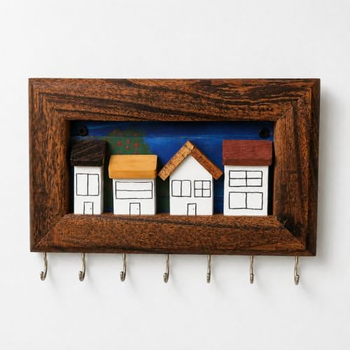 Image of 'Neighbourhood' Hand Painted Wooden Key Holder for Home (6 Types of Wood). Key Hangers for wall Key Holder Stand Key Stand for wall Keychain Holder for wall Dark Brown (Neighborhood)