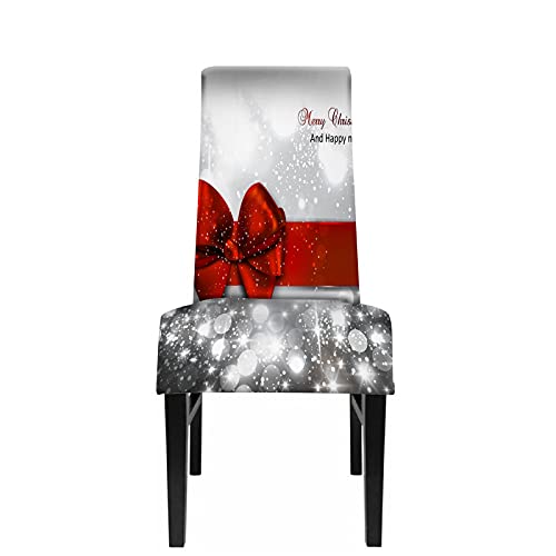 WONDERTIFY Merry Christmas Chair Covers for Dining Room Elegant Bow Snowflakes Holiday Stretch Slipcovers Chair Protector Decor for Home and Banquet Silver Red