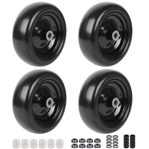 (4-Pack) 9x3.50-4” Flat Free Lawnmower Tire with 4" Centered Hub, 3/4" Bushings and Wheel Assemblies - PU Tire on Wheel and Adapter Kits