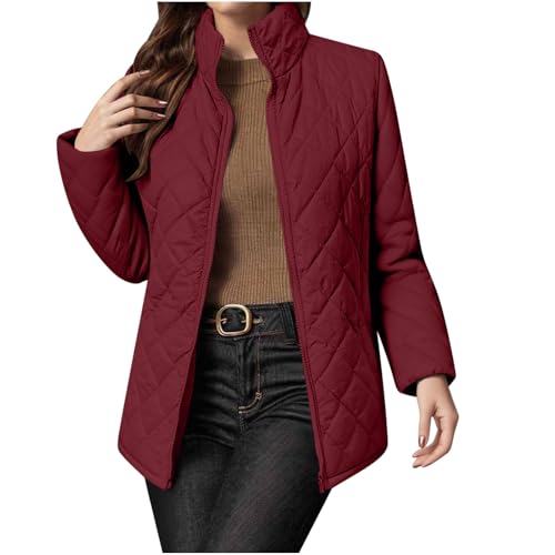 Winter Coats for Women Zip up Stand Collar Lightweight Puffer Jacket Long Sleeve Solid Splice Quilted Down Coat