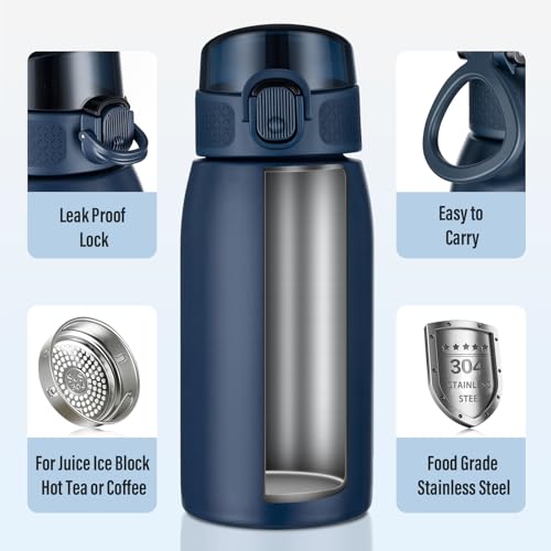 Image of Insulated Water Bottle 12 oz with Dustproof Lid, Carry Handle & Tea Infuser, BPA-Free & Leakproof, Stainless Steel Water Bottles Ideal for Fitness, Hiking, Office & Outdoor Use (Dark Blue )