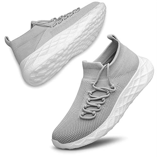 Women's Walking Shoes Sock Sneakers Slip On Mesh Sport Running Shoes Casual Lightweight Shoes for Gym Work Jogging Light Grey Size 9.5