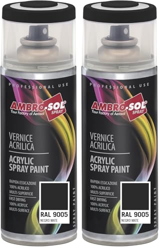 Ambro-Sol - Pintura acrílica en spray, color Negro Mate, RAL 9005, resultado profesional en múltiples superficies, exteriores e interiores, 400 ml (Paquete de 2)