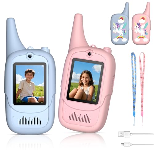 FUNYKICH Walkie Talkie de vídeo para crianças de 3 a 12 anos (pacote de 2), Walkie Talkies recarregável com 6 efeitos de voz, longo alcance 350 m, presente ideal de aniversário, casa, exterior, pátio