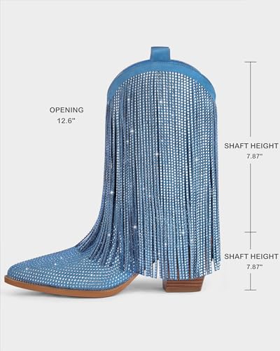 Image of Ouepiano Cowboy Boots for Women - Cowgirl Rhinestone Boots with Sparkly Fringe Pointed Toe Western Boot Chunky Heel Pull-On Wide Calf Botas Vaqueras