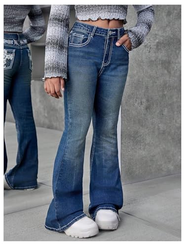 MakeMeChic Girl's Flared Leg Jeans Graphic Zip Fly Bell Bottom Y2K Denim Pants with Pockets4