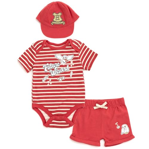 Harry Potter Hedwig Newborn Baby Boys Bodysuit Shorts and Baseball Cap 3 Piece Outfit Set Maroon Red 3-6 Months