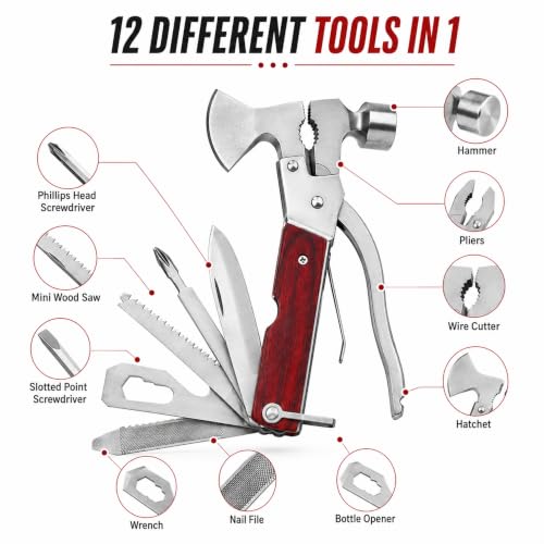 Image of HELLARO Hammer Tool Kit Portable 12 in 1 Multi Utility Multifunction Stainless Steel Hammer Tool Kit Knife Axe Bottle Opener Nut Car Safety Tool Kit